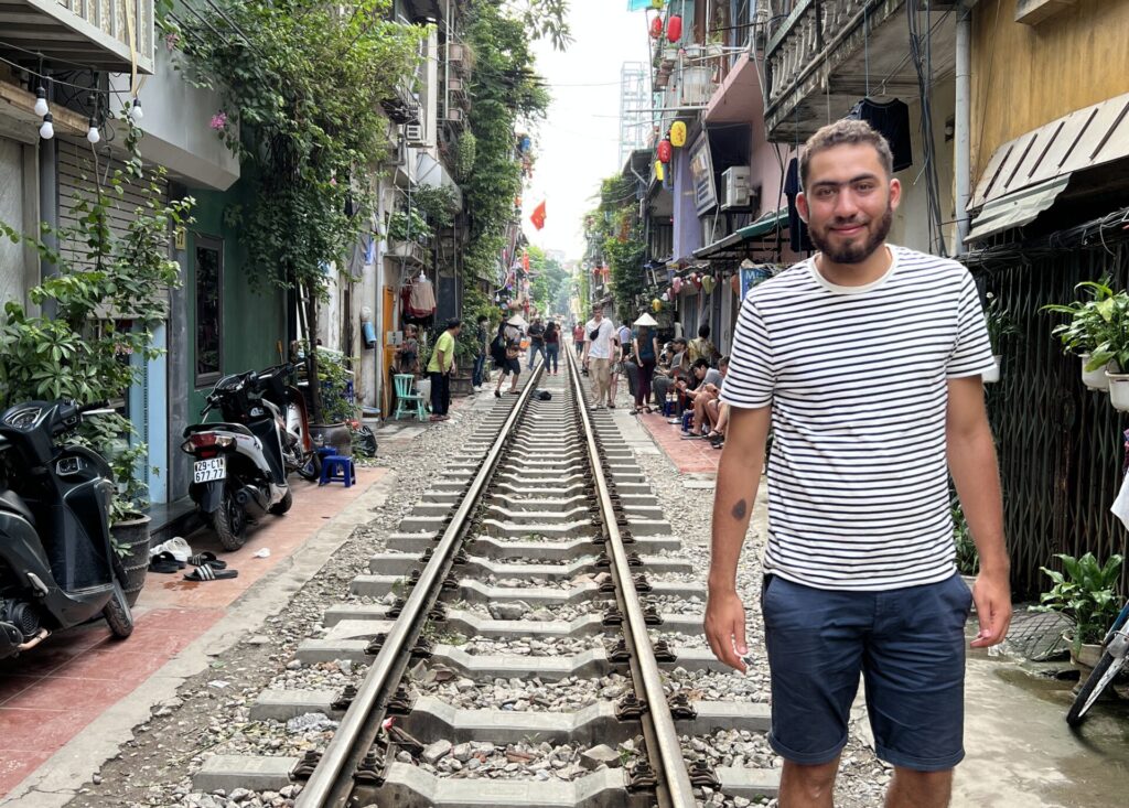 enjoying the trip in Hanoi in train market on my northern Vietnam 7-Day Itinerary