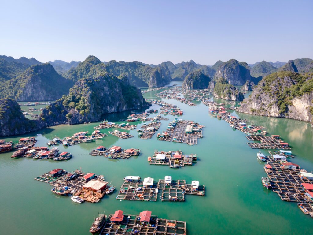 Aerial shot of Lan Ha Bay with floating fishing villages and lush cliffs in northern Vietnam.